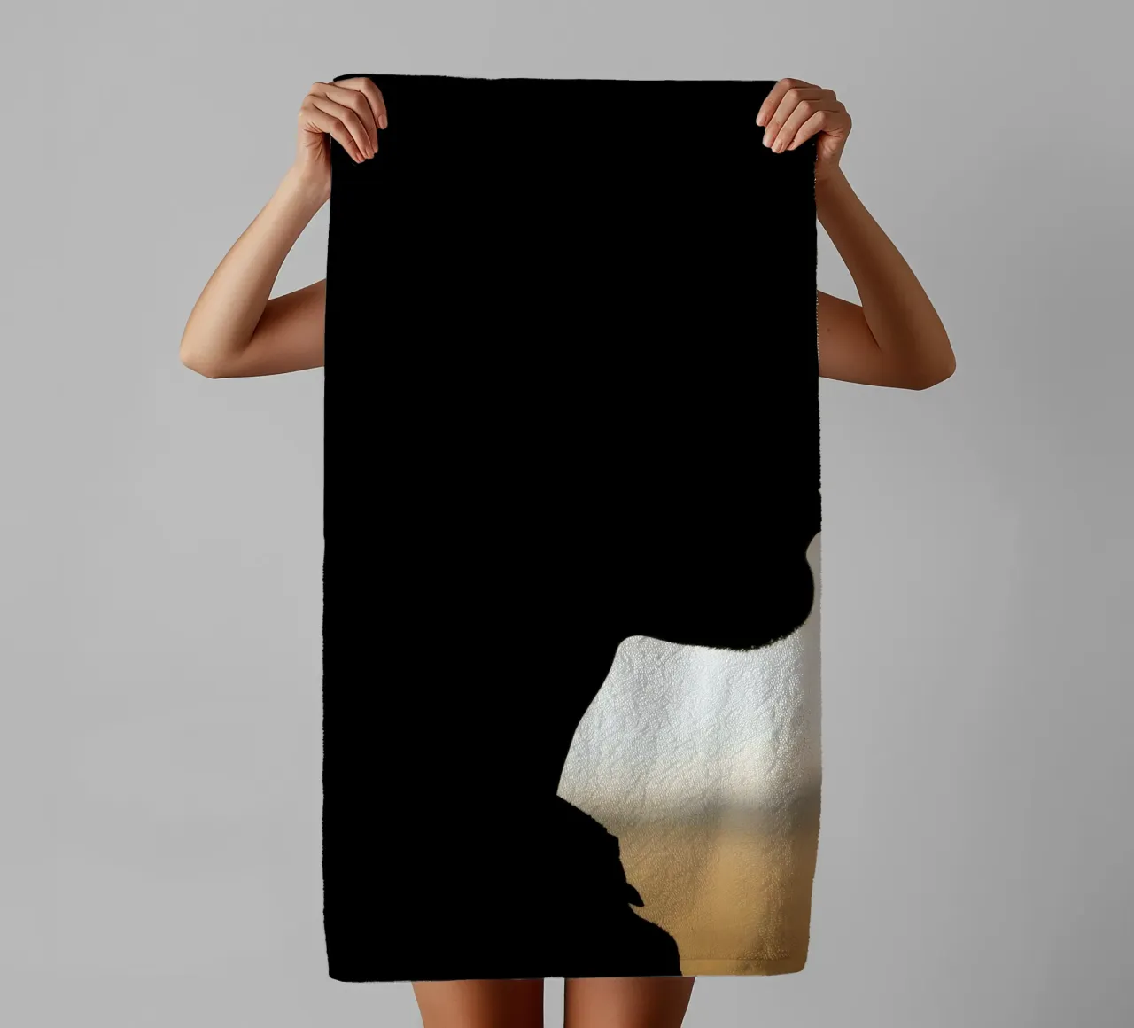 Profile silhouette of a person against a bright background towel by DesignDoodle