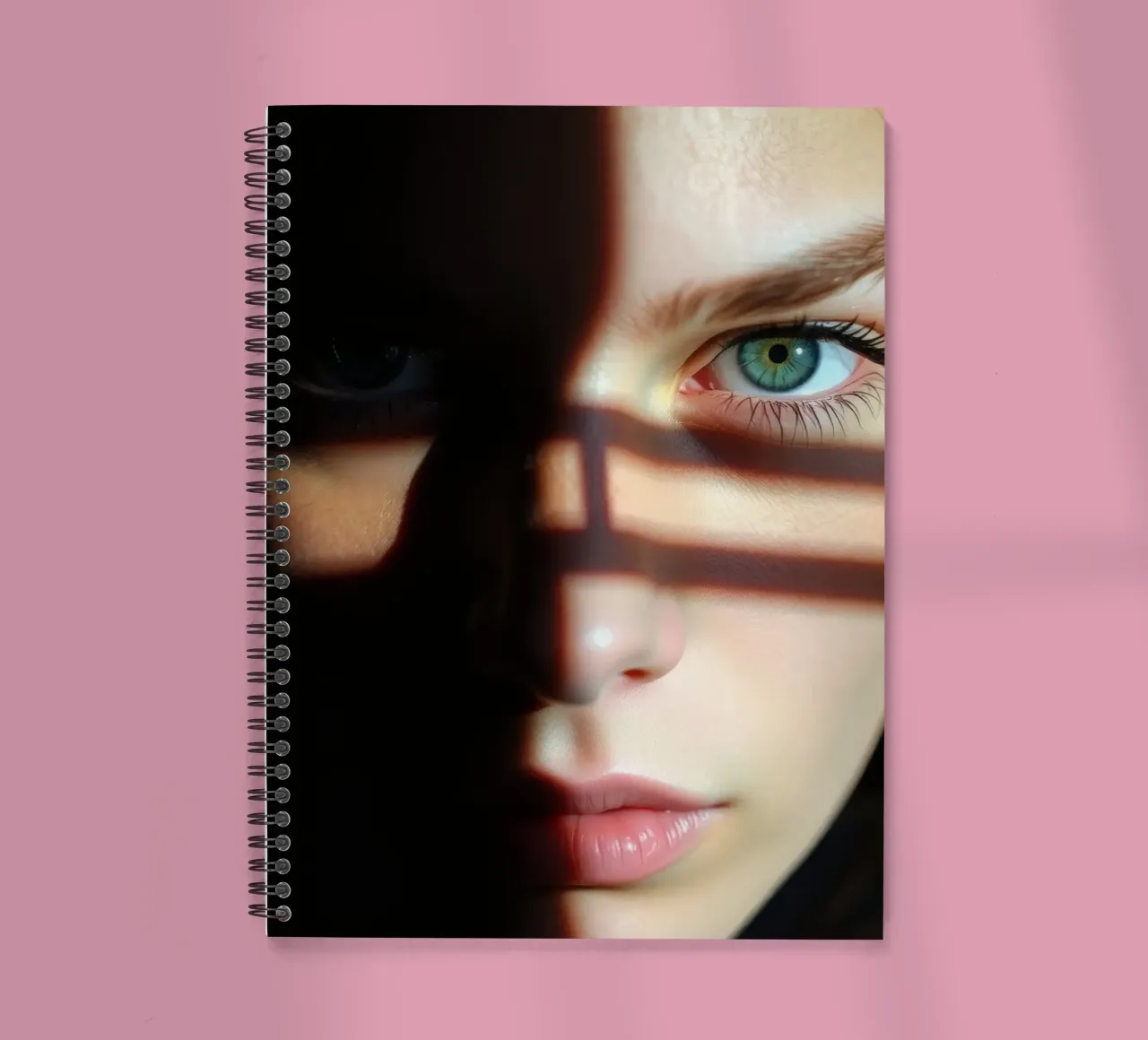 Girl with striking green eyes partially illuminated by shado spiral notebook by DesignDoodle