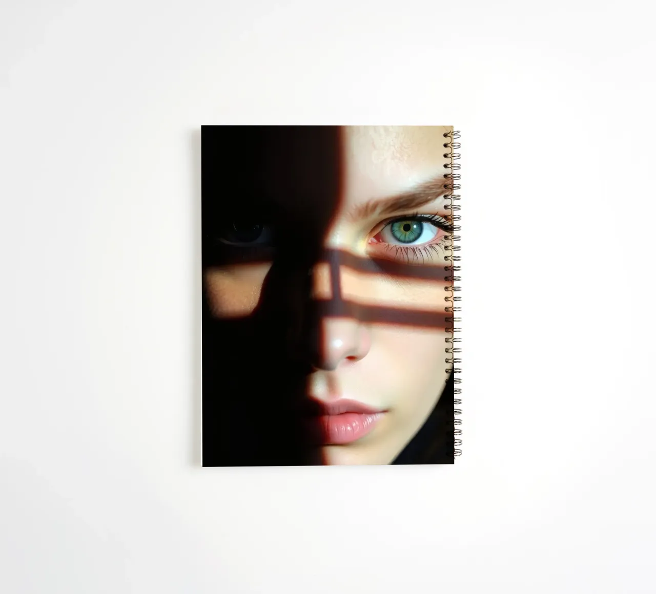 Girl with striking green eyes partially illuminated by shado spiral notebook by DesignDoodle
