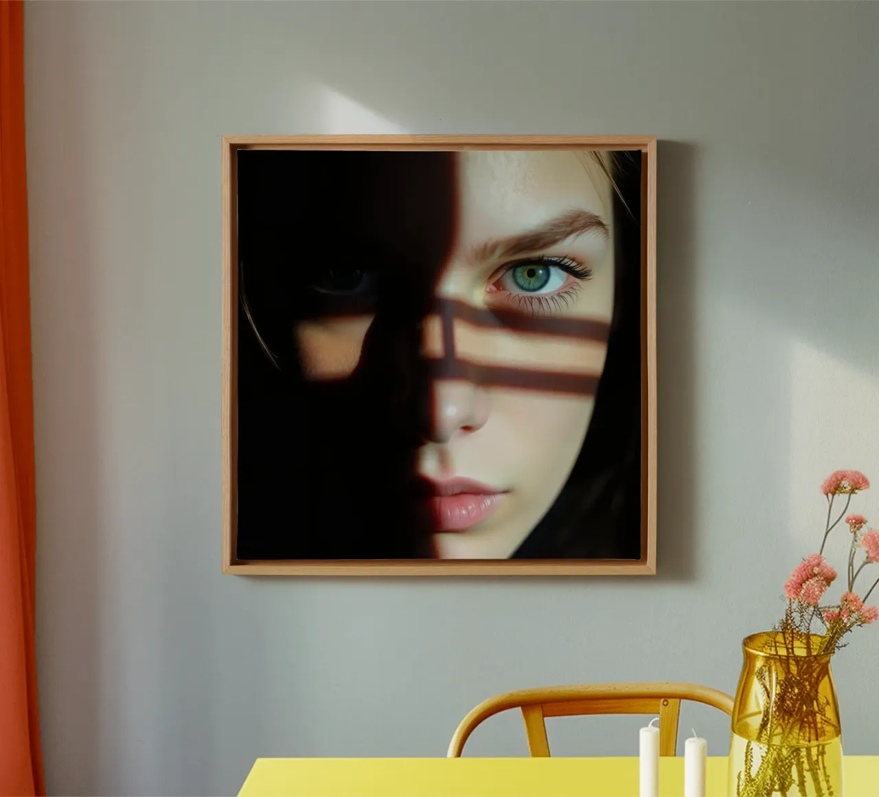 Girl with striking green eyes partially illuminated by shado canvas with Floater frame by DesignDoodle