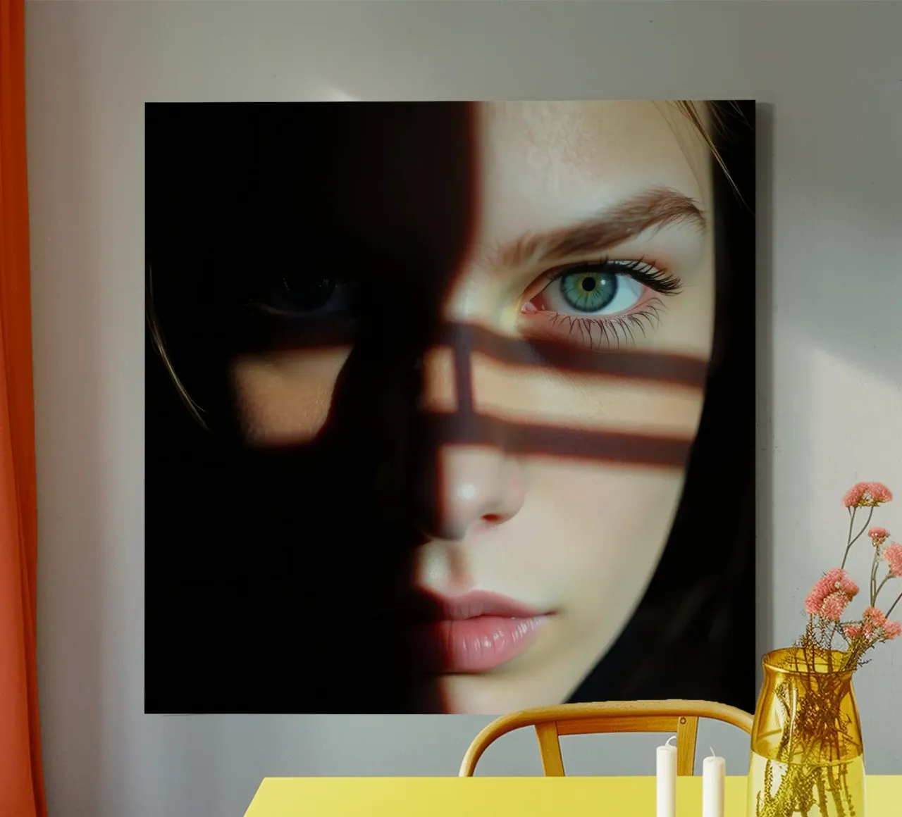 Girl with striking green eyes partially illuminated by shado canvas with Floater frame by DesignDoodle