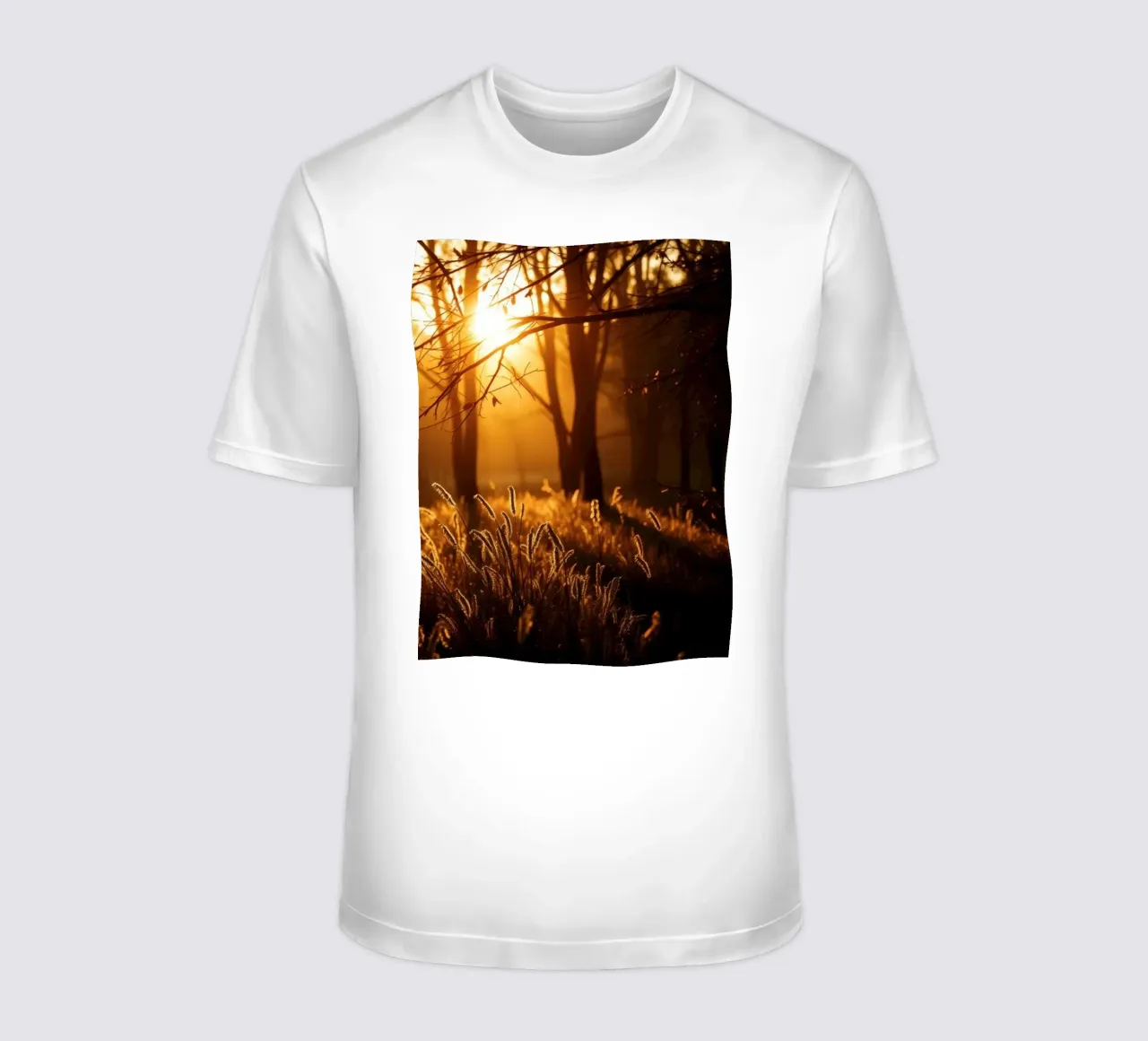 Golden sunlight filters through trees in a tranquil forest t-shirt by DesignDoodle