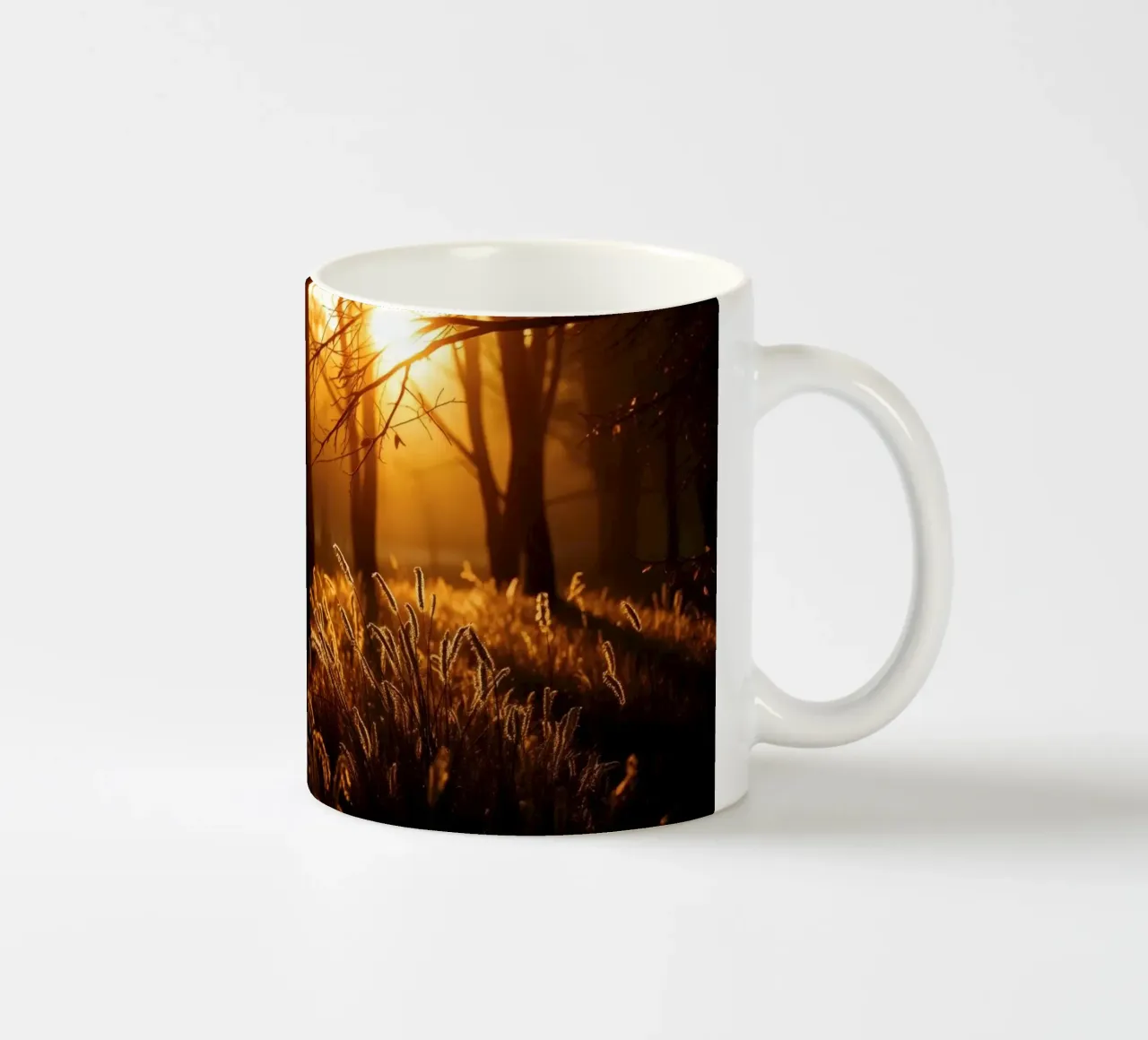 Golden sunlight filters through trees in a tranquil forest ceramic mug by DesignDoodle