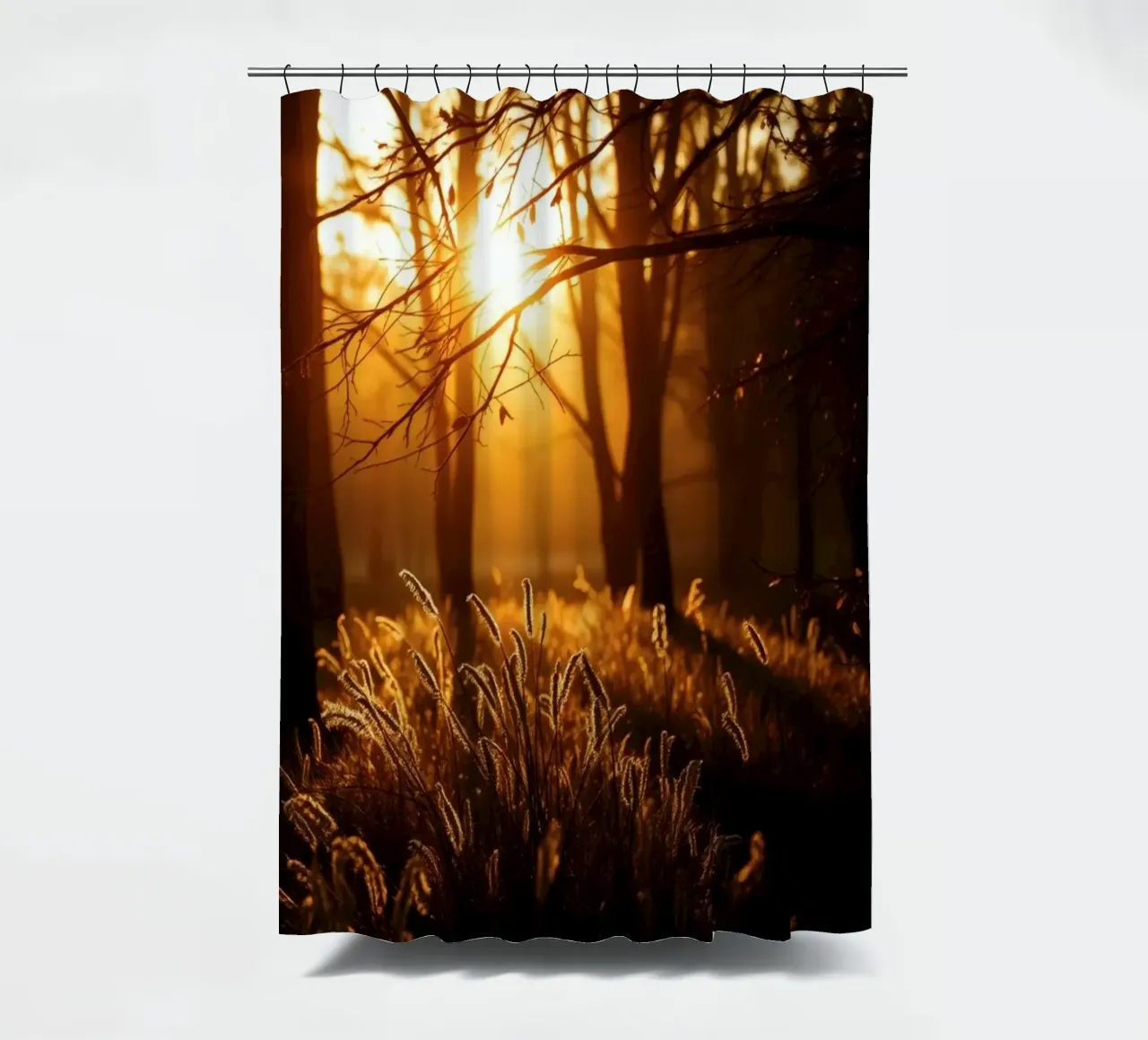 Golden sunlight filters through trees in a tranquil forest shower curtain by DesignDoodle