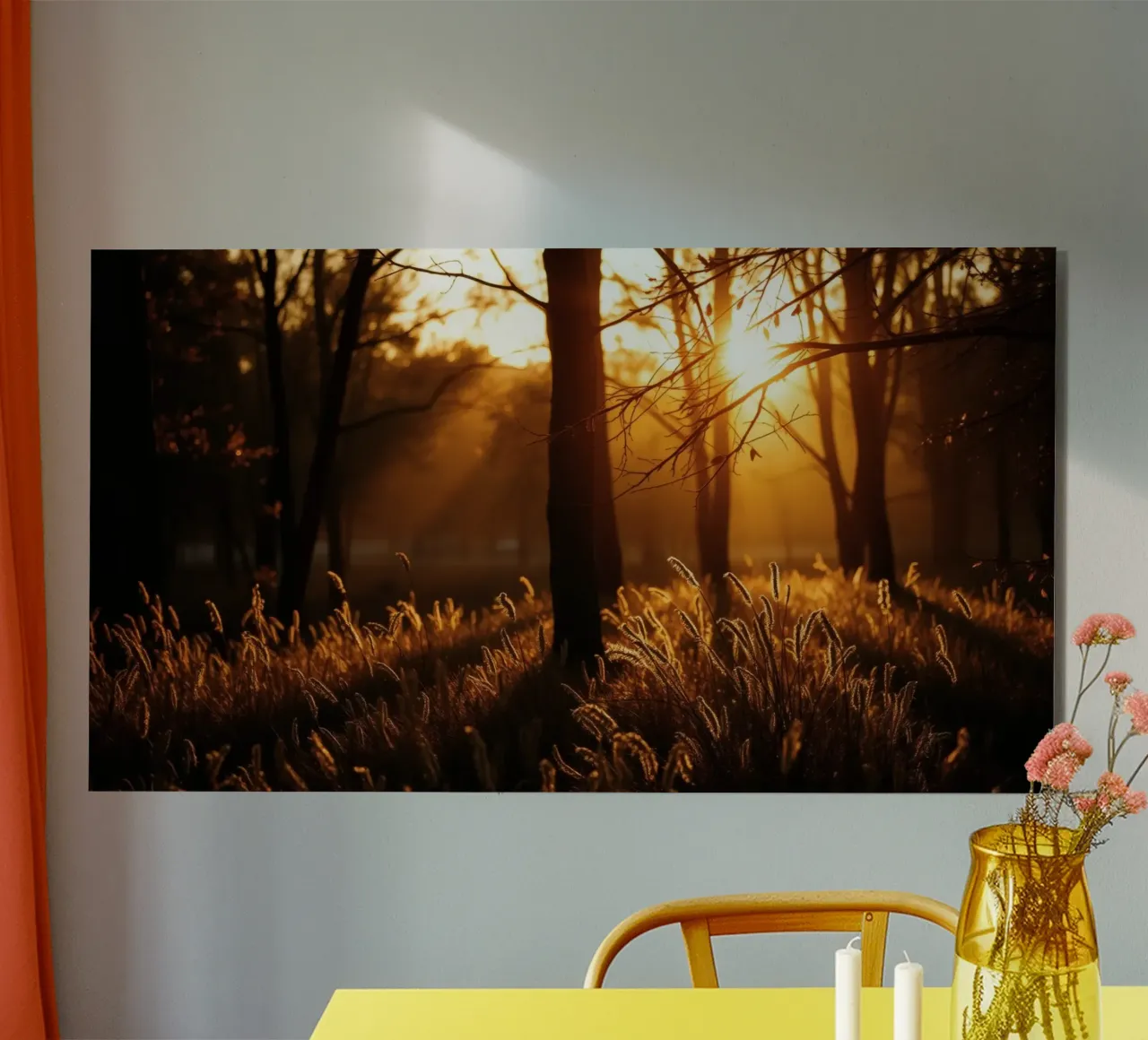 Golden sunlight filters through trees in a tranquil forest alu-dibond by DesignDoodle