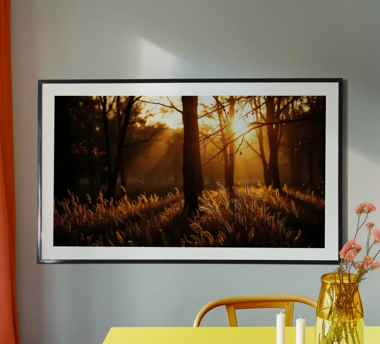 Golden sunlight filters through trees in a tranquil forest hahnemühle by DesignDoodle