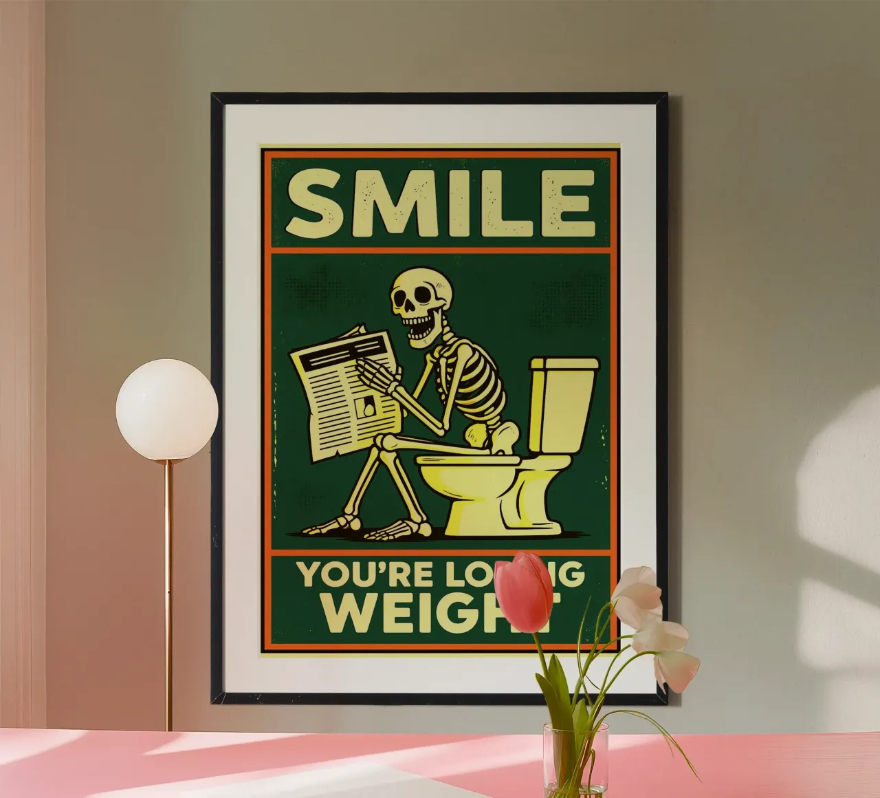 Scheletro sorridente Umorismo da toilette divertente poster con telaio in alluminio da the gan gan
