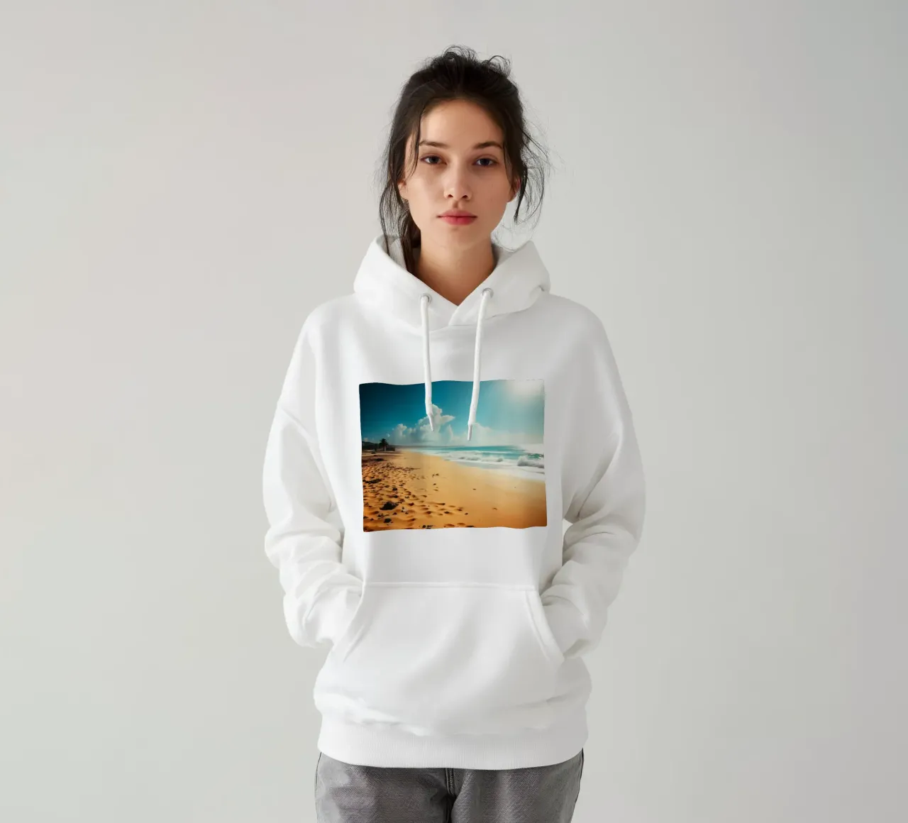 Spiaggia di sabbia dorata con onde dolci e cielo soleggiato felpa con cappuccio da DesignDoodle