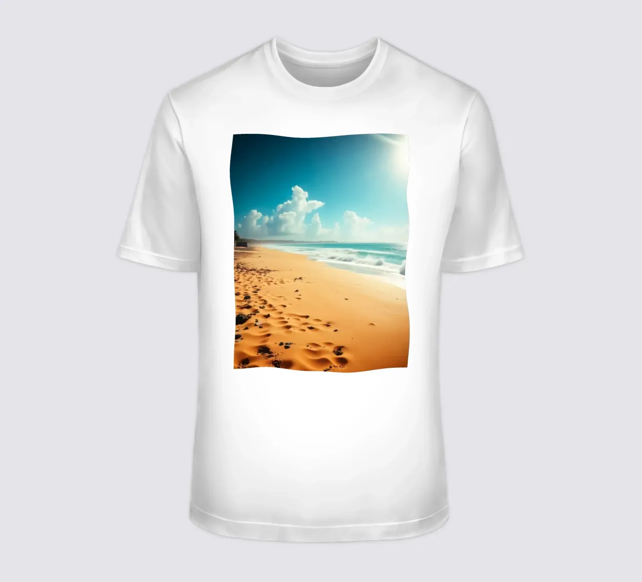 Golden sand beach with gentle waves and sunny sky t-shirt by DesignDoodle