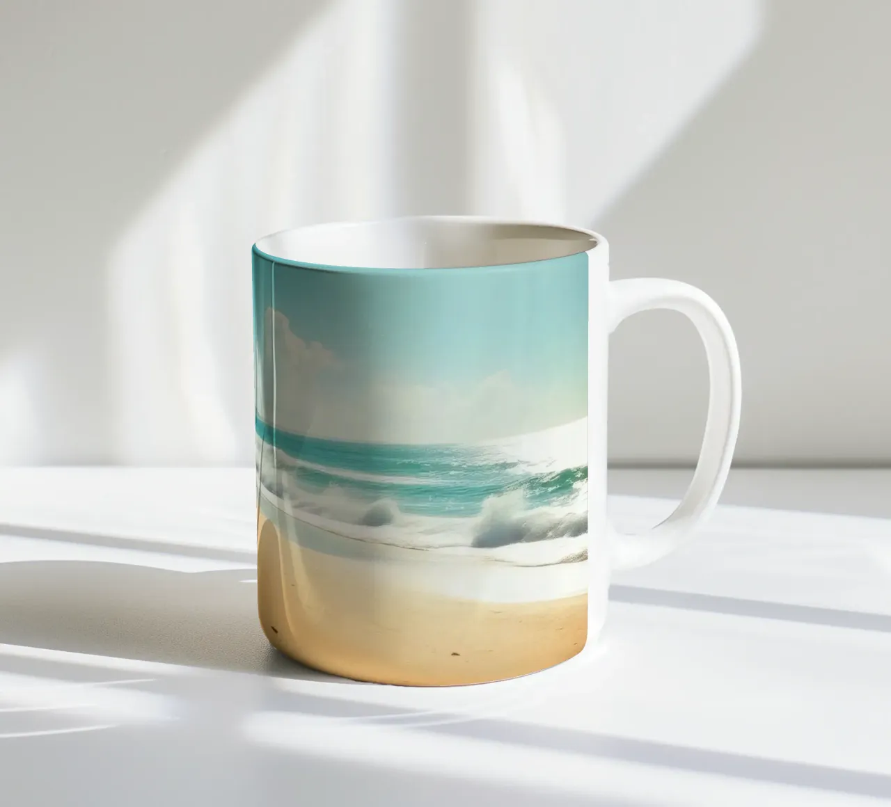 Goudkleurig zandstrand met zachte golven en zonnige hemel keramische mok van DesignDoodle