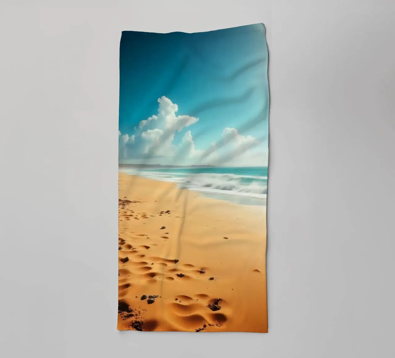 Golden sand beach with gentle waves and sunny sky towel by DesignDoodle