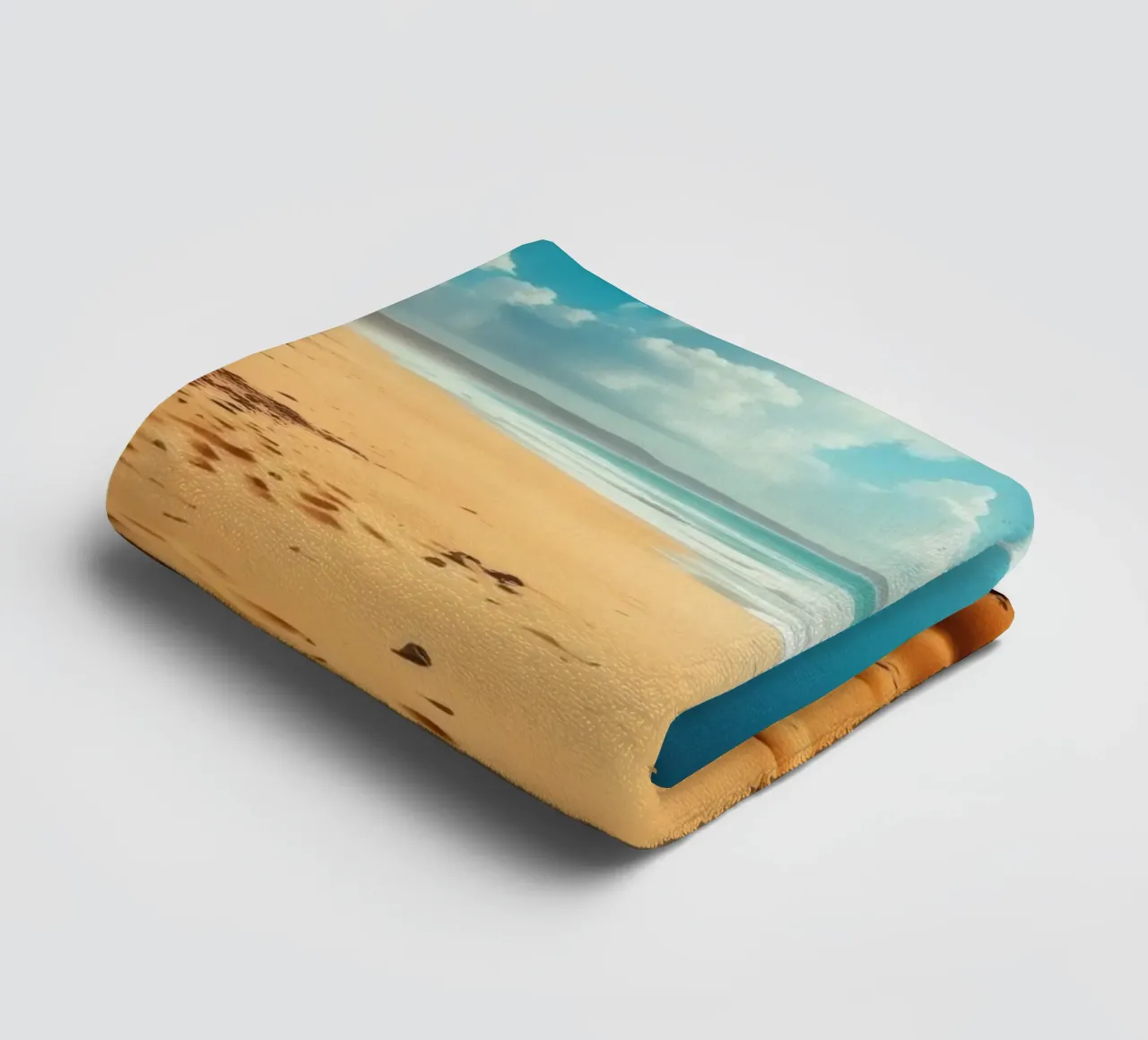 Golden sand beach with gentle waves and sunny sky towel by DesignDoodle