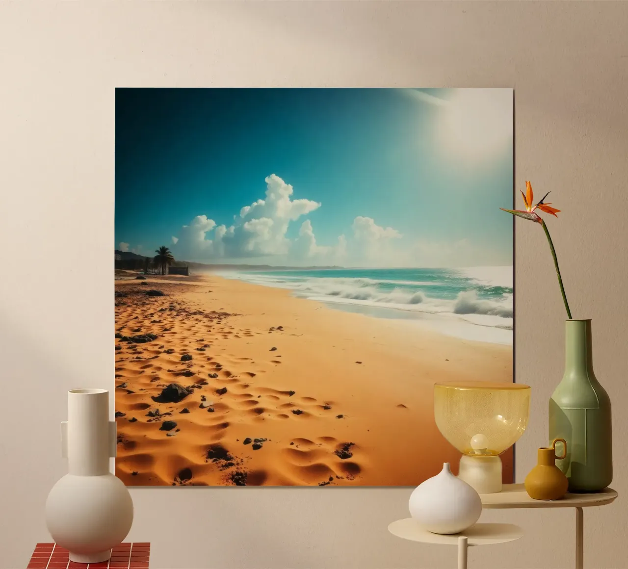 Goudkleurig zandstrand met zachte golven en zonnige hemel poster met aluminium frame van DesignDoodle
