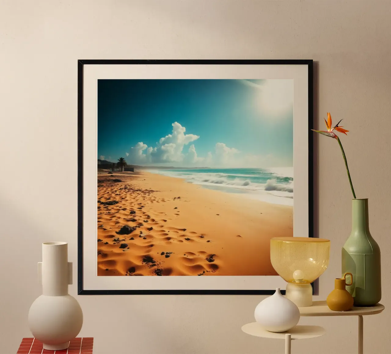 Goudkleurig zandstrand met zachte golven en zonnige hemel poster met aluminium frame van DesignDoodle