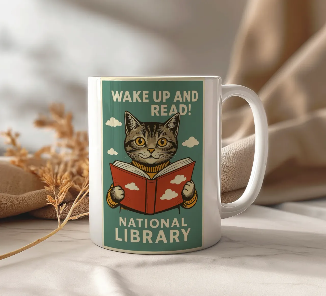 wake up and read Cat Funny ceramic mug by the gan gan