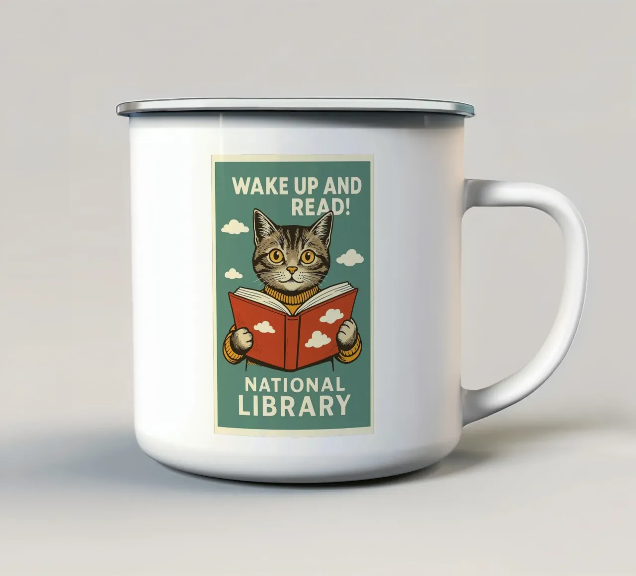 wake up and read Cat Funny enamel mug by the gan gan