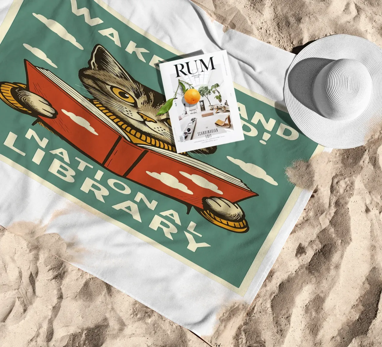 wake up and read Cat Funny beach towel by the gan gan