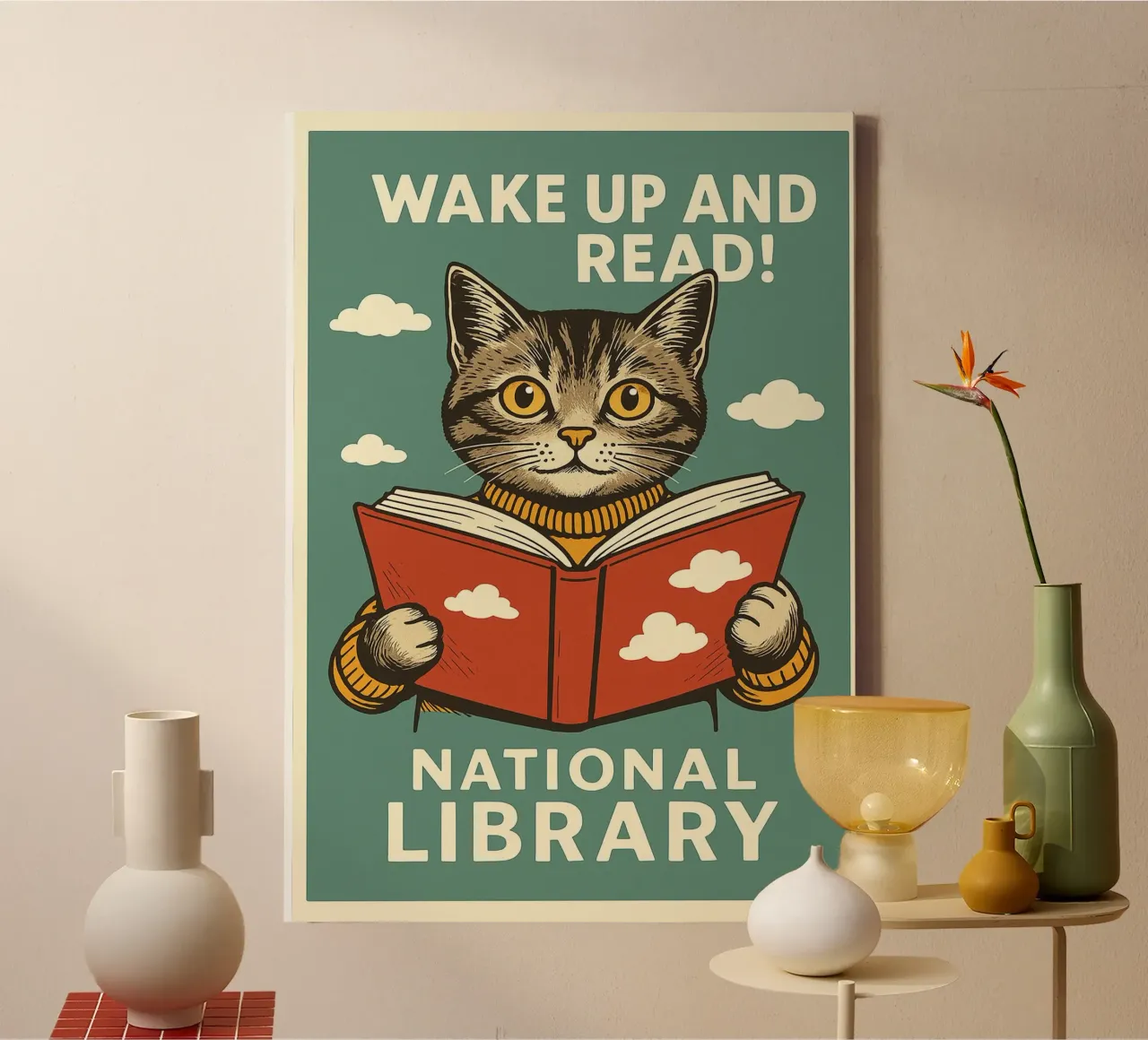 wake up and read Cat Funny canvas by the gan gan