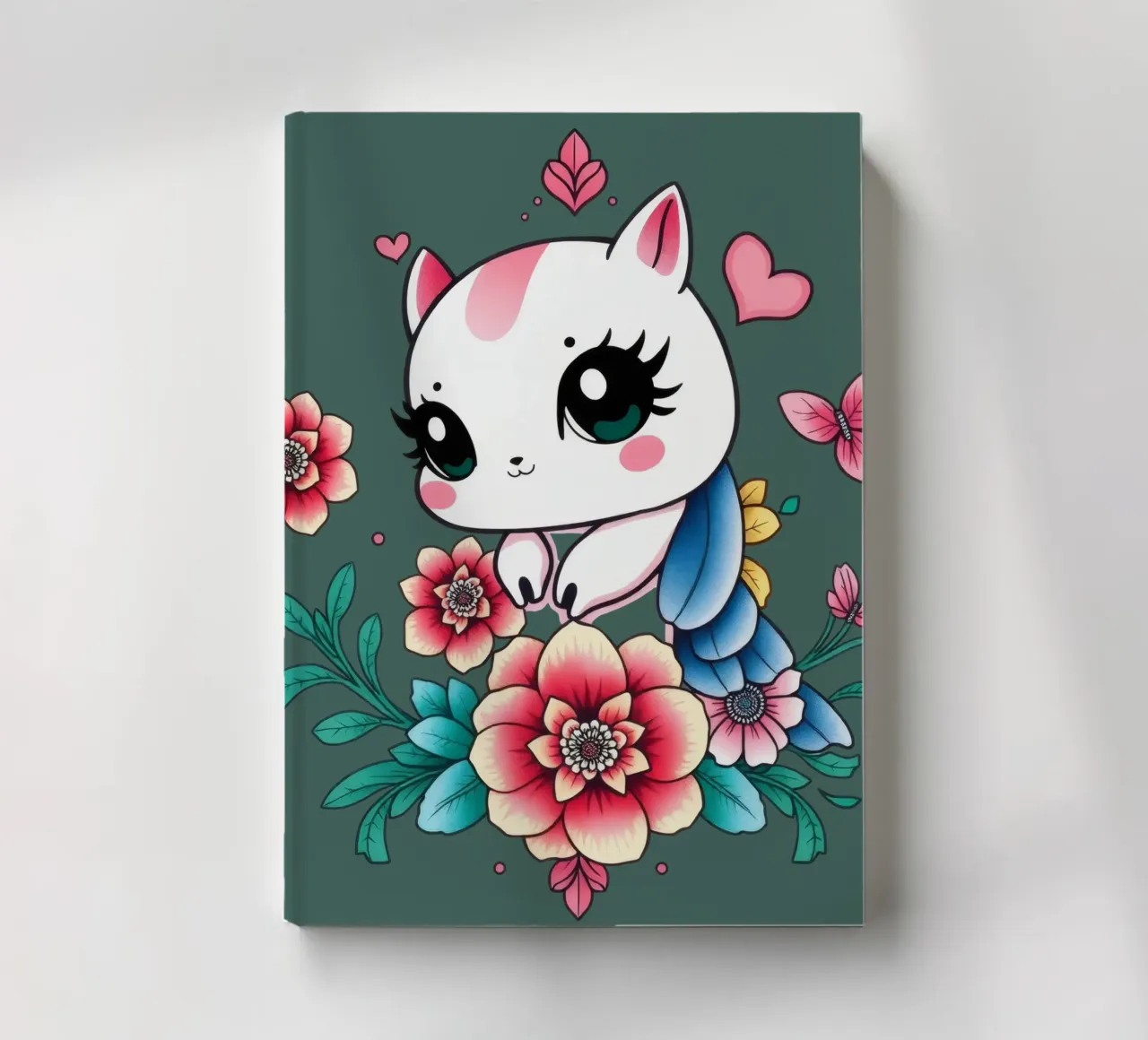 Cute cartoon cat surrounded by colorful flowers and butterfl notebook by DesignDoodle