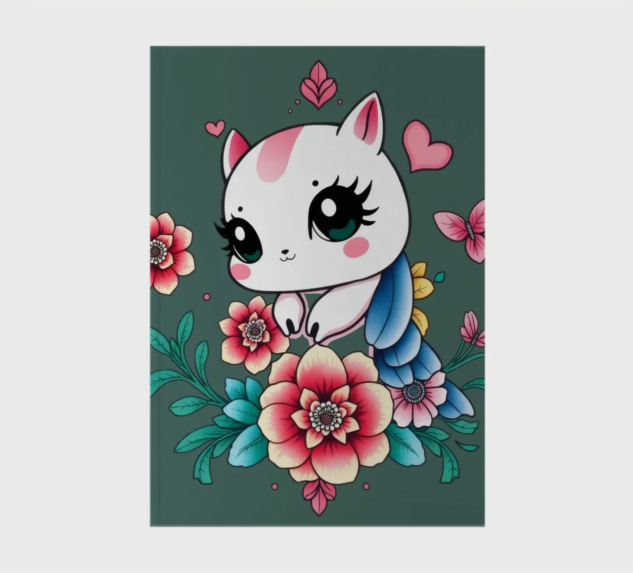 Cute cartoon cat surrounded by colorful flowers and butterfl notebook by DesignDoodle