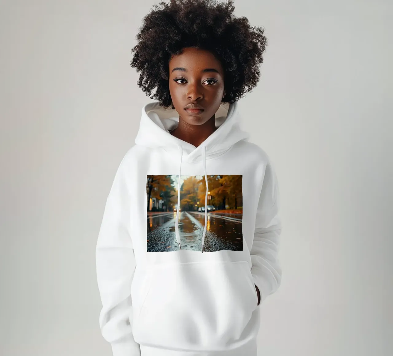 Vista della strada in autunno con la pioggia che riflette il fogliame colorato felpa con cappuccio da DesignDoodle