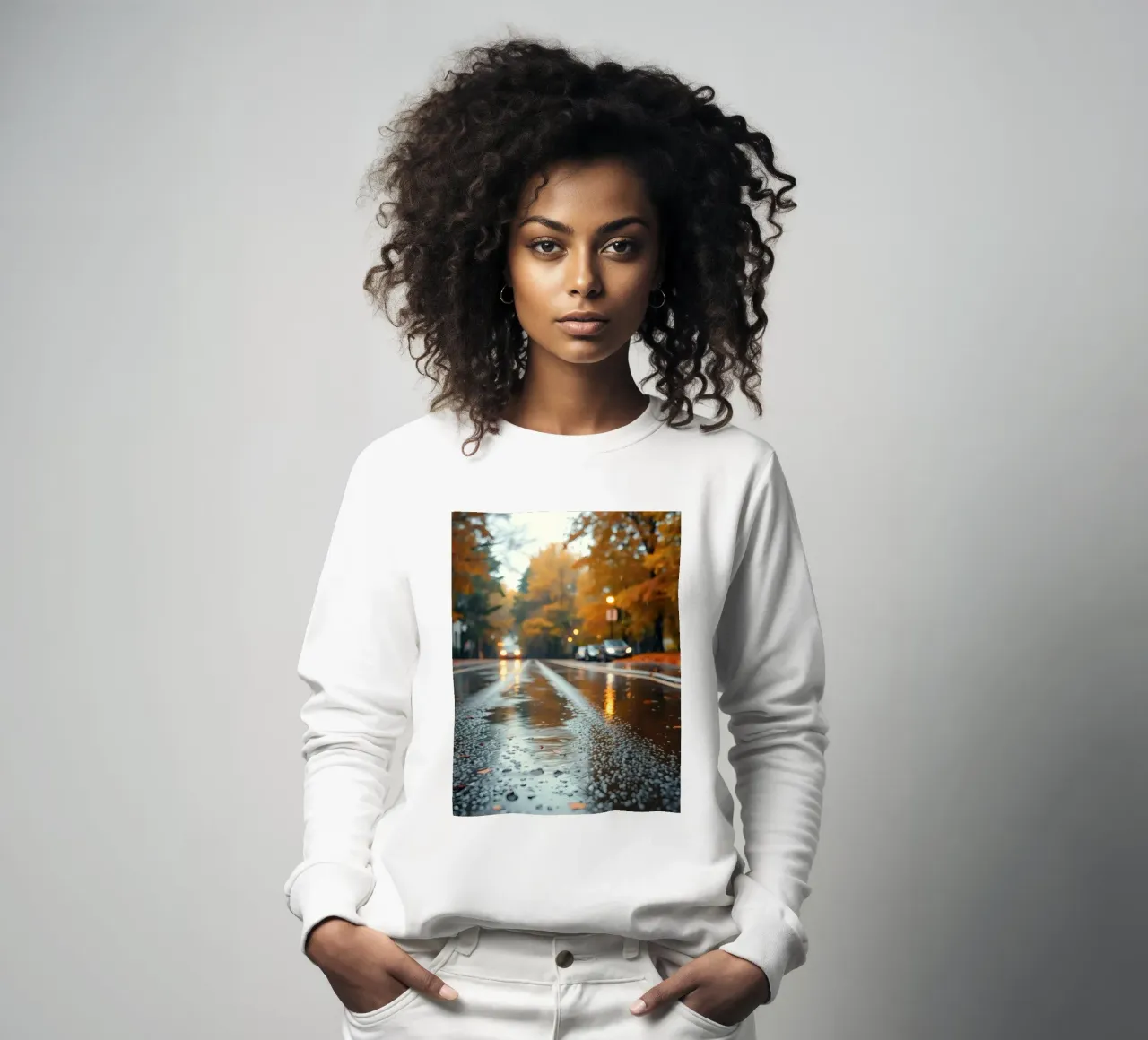 Vue d'une rue en automne avec la pluie reflétant le feuillage coloré sweat de DesignDoodle