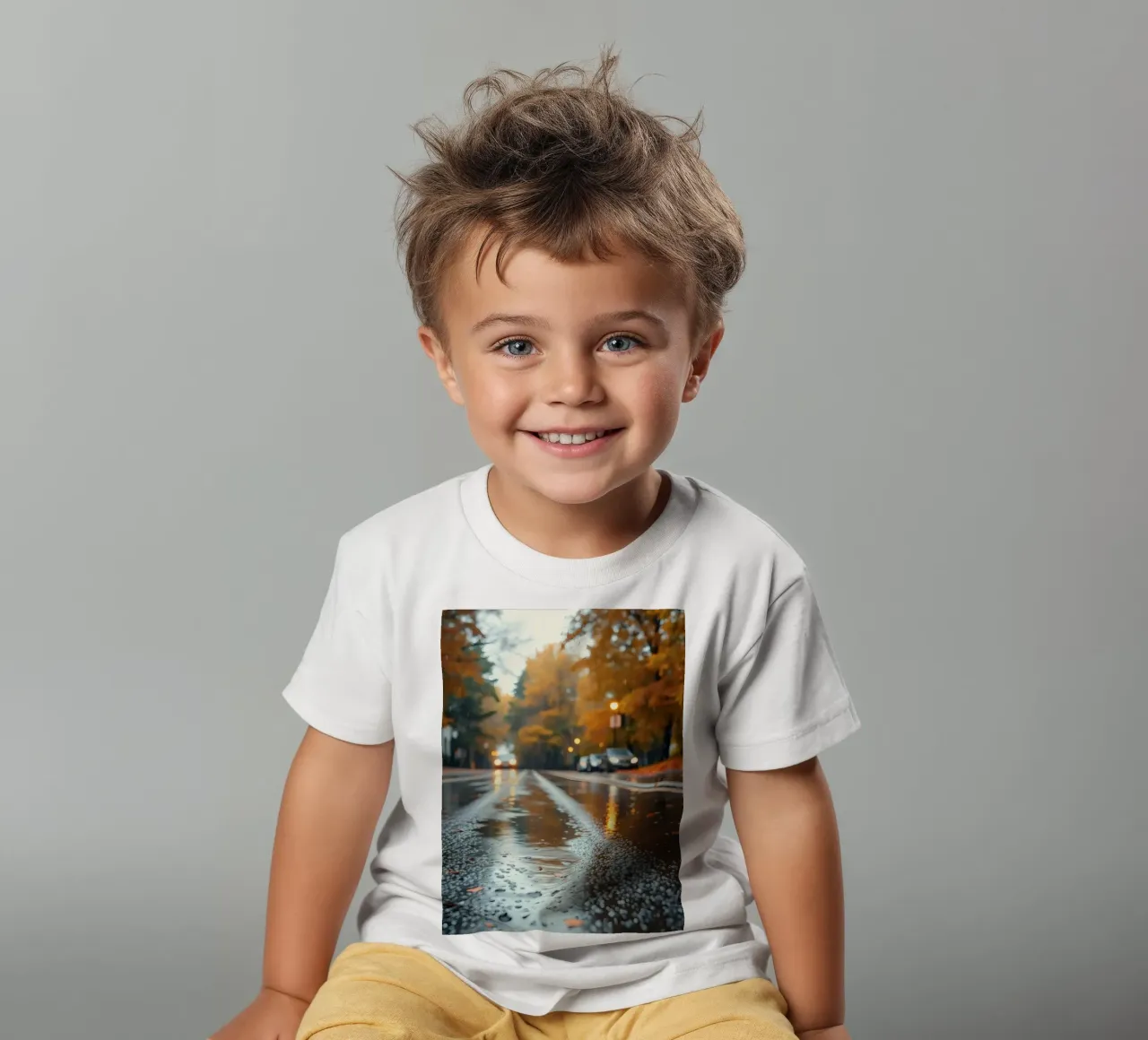 Vue d'une rue en automne avec la pluie reflétant le feuillage coloré t-shirt enfant de DesignDoodle
