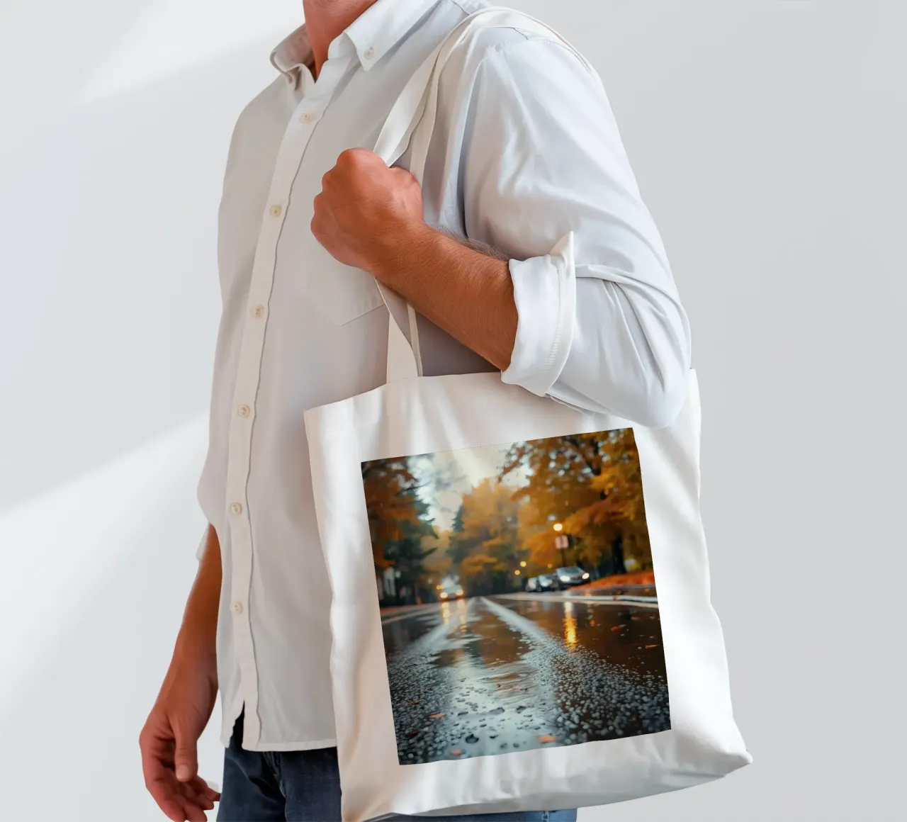 Vue d'une rue en automne avec la pluie reflétant le feuillage coloré tote bag de DesignDoodle