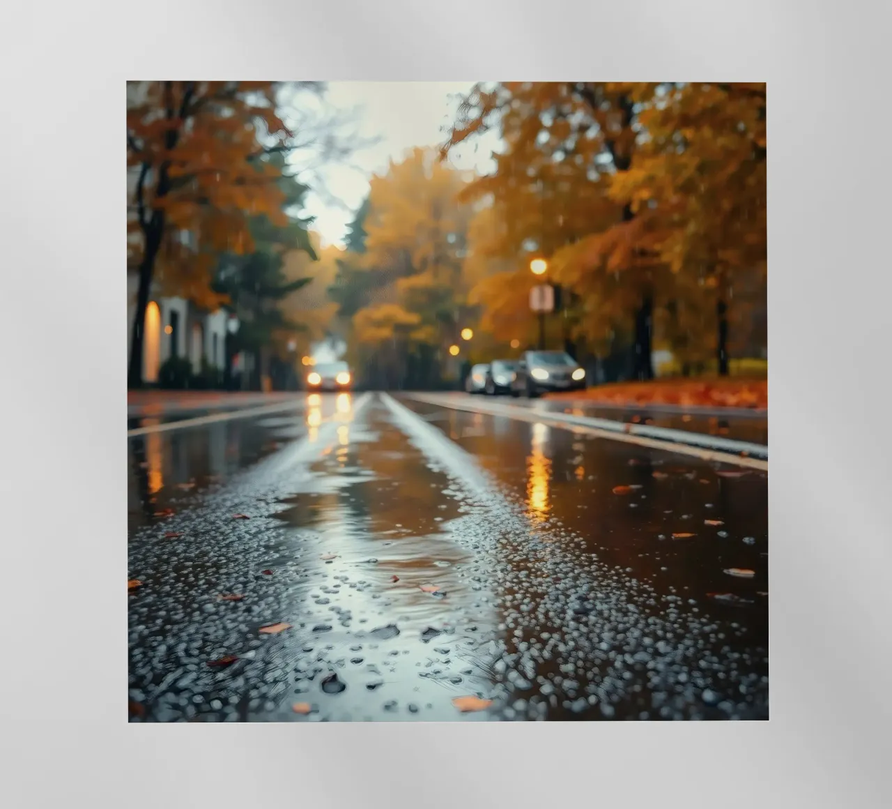Vista della strada in autunno con la pioggia che riflette il fogliame colorato pellicola backlit da DesignDoodle