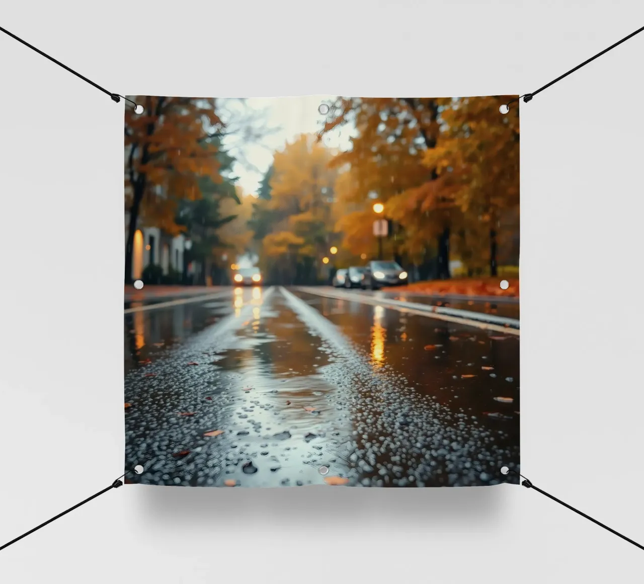 Vista della strada in autunno con la pioggia che riflette il fogliame colorato telo in pvc da DesignDoodle