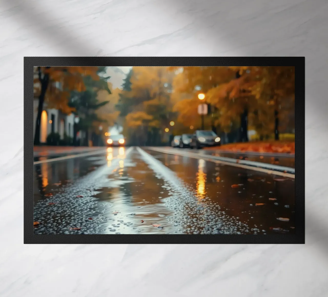 Vue d'une rue en automne avec la pluie reflétant le feuillage coloré paillasson de DesignDoodle