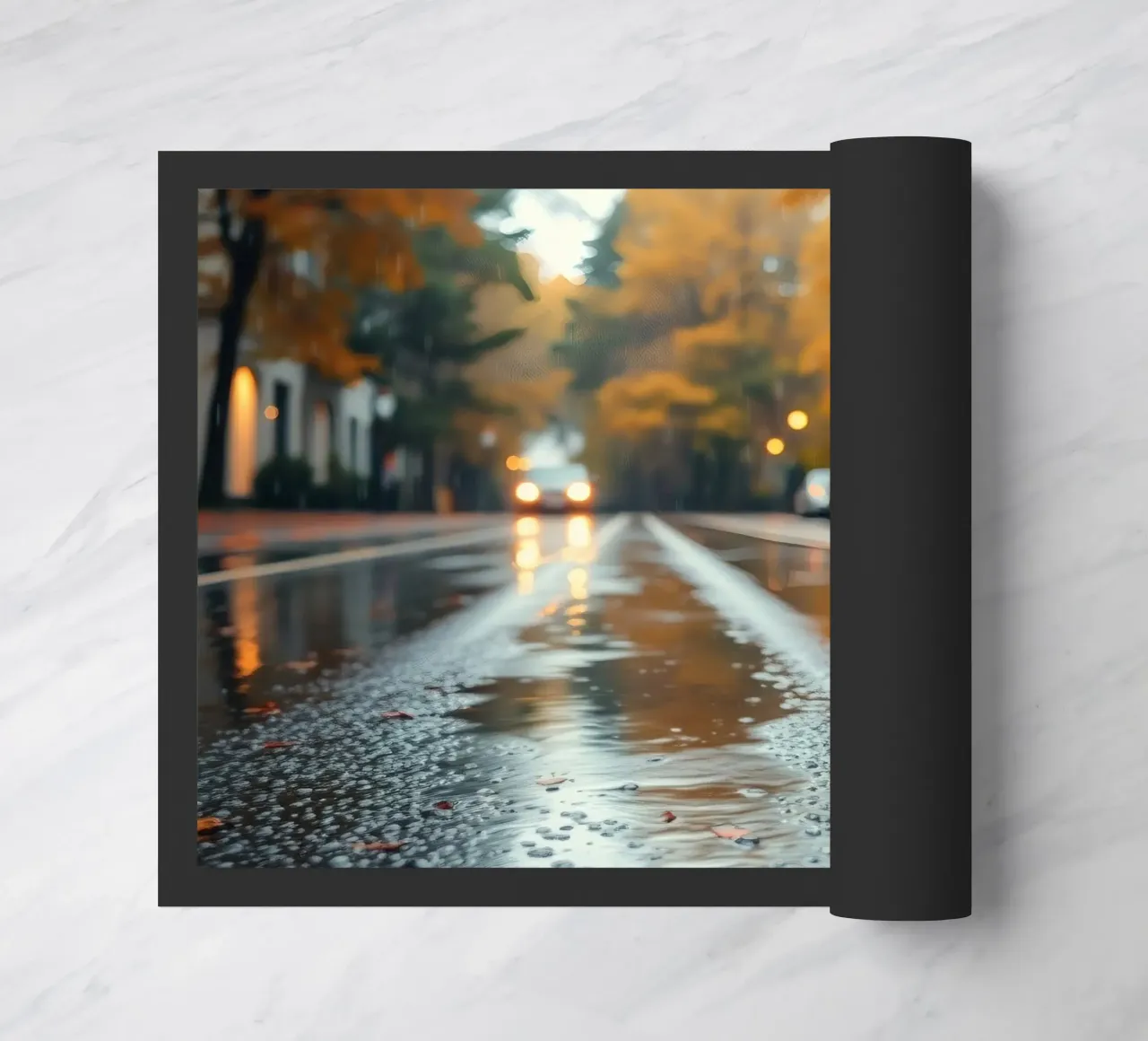 Vue d'une rue en automne avec la pluie reflétant le feuillage coloré paillasson de DesignDoodle