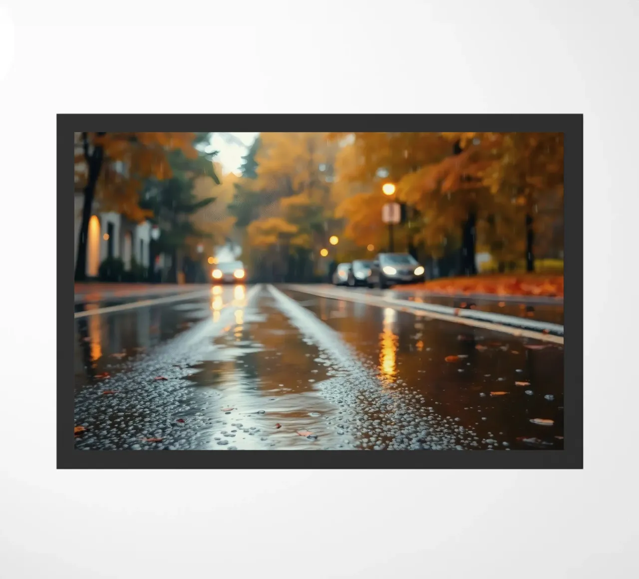 Vue d'une rue en automne avec la pluie reflétant le feuillage coloré paillasson de DesignDoodle