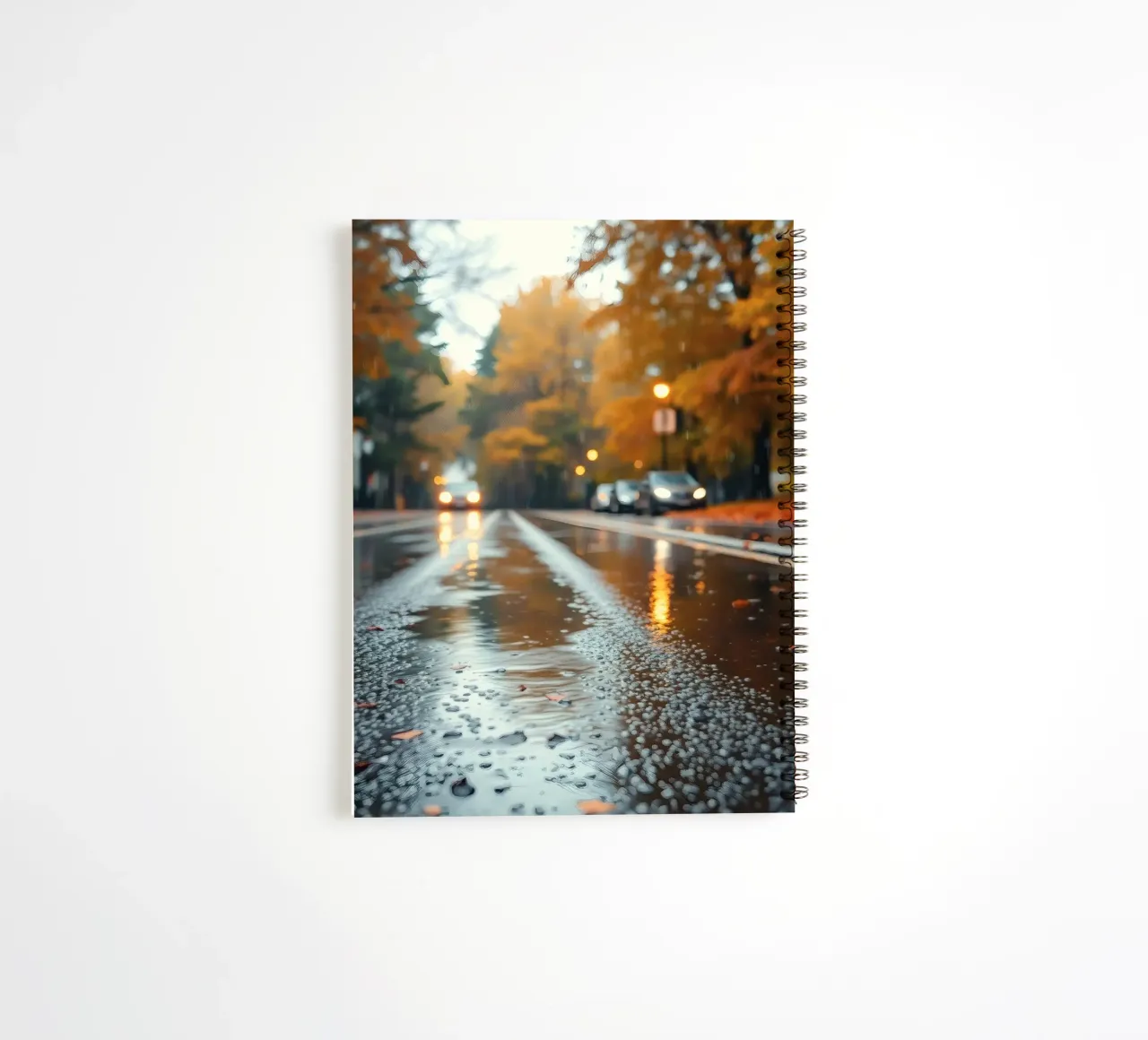 Vue d'une rue en automne avec la pluie reflétant le feuillage coloré carnet à spirale de DesignDoodle