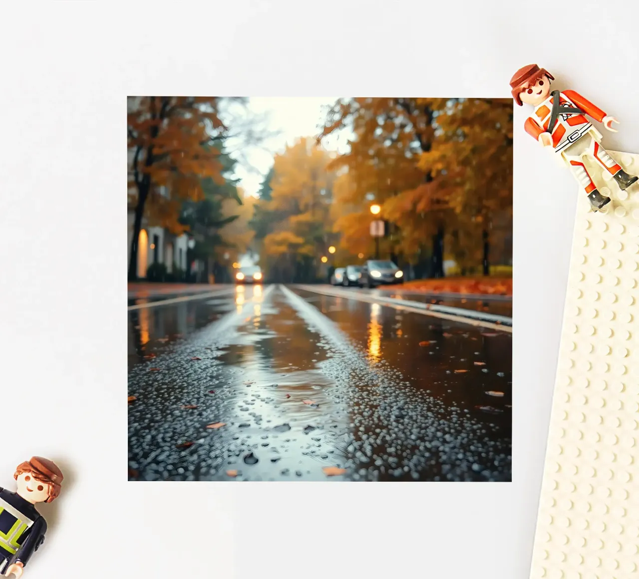 Vue d'une rue en automne avec la pluie reflétant le feuillage coloré autocollant de DesignDoodle