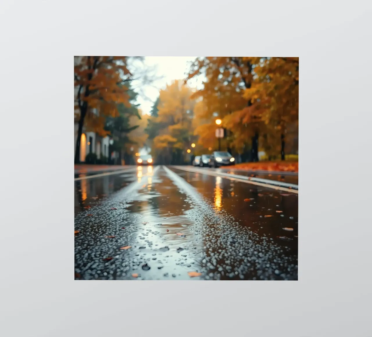 Vue d'une rue en automne avec la pluie reflétant le feuillage coloré autocollant de DesignDoodle