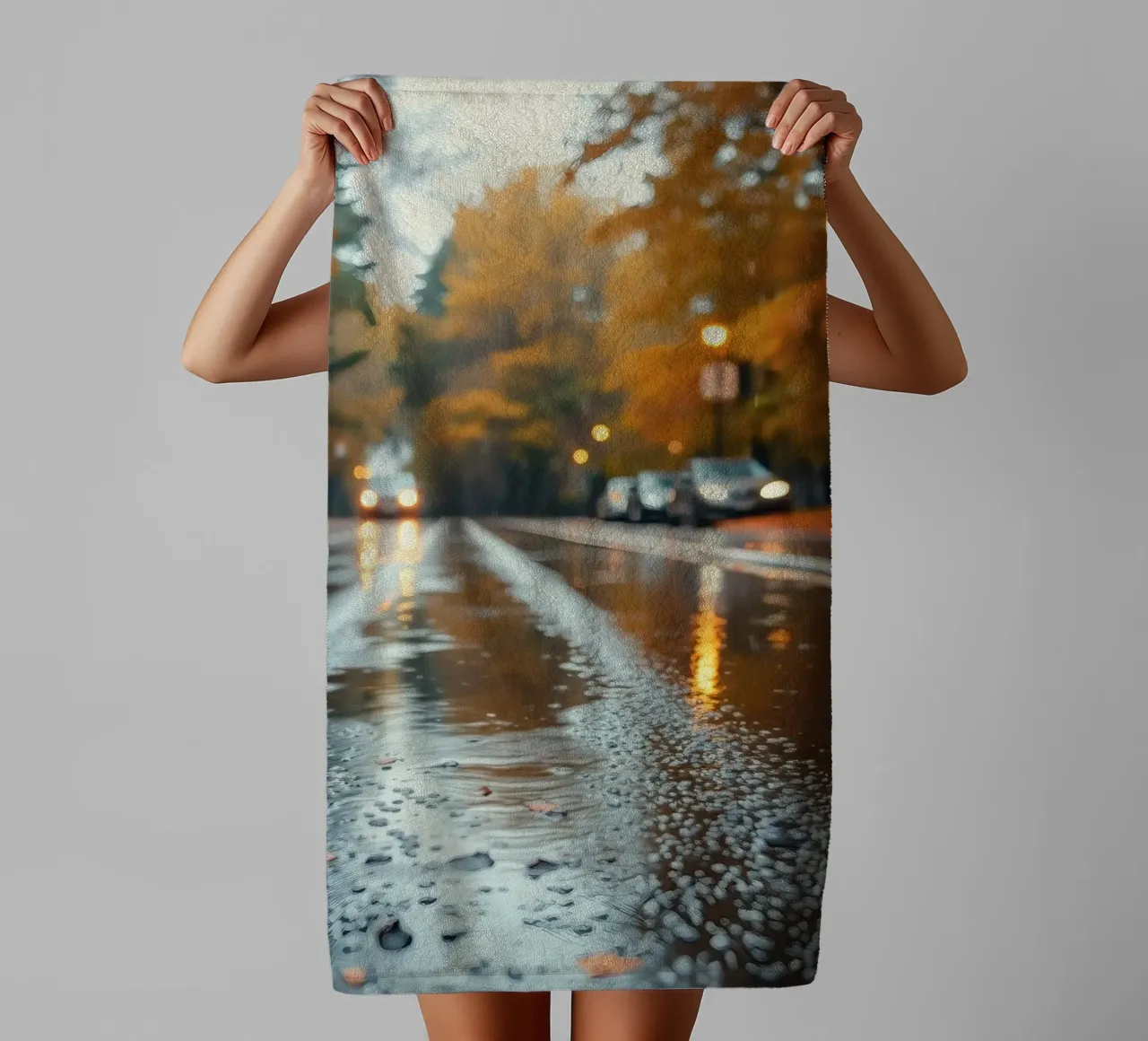 Vista della strada in autunno con la pioggia che riflette il fogliame colorato asciugamano da bagno da DesignDoodle