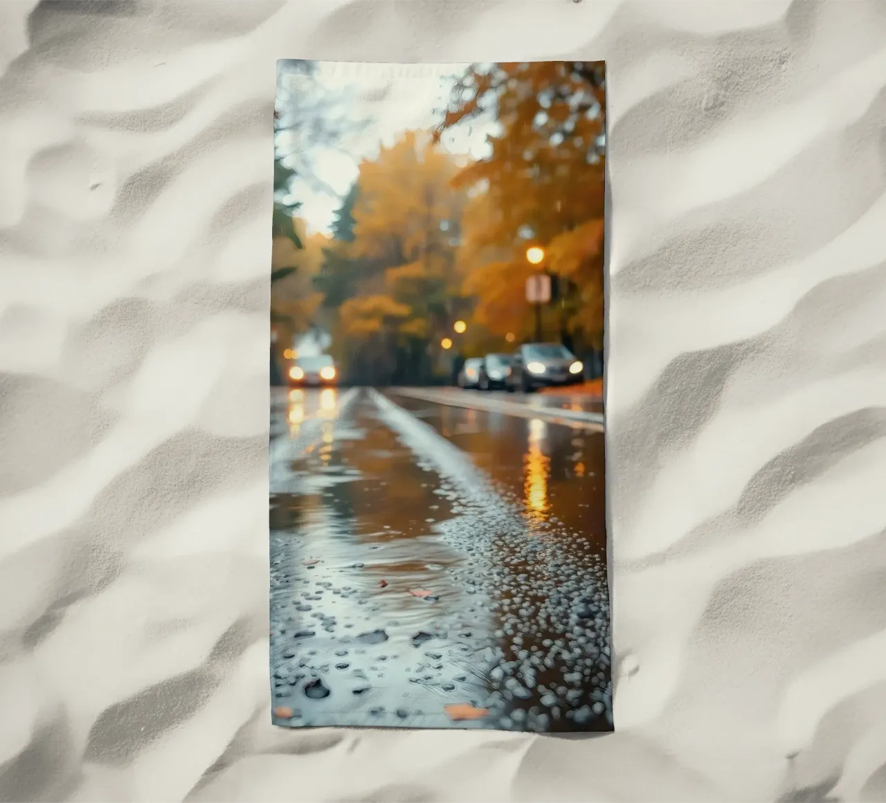 Vista della strada in autunno con la pioggia che riflette il fogliame colorato telo mare da DesignDoodle