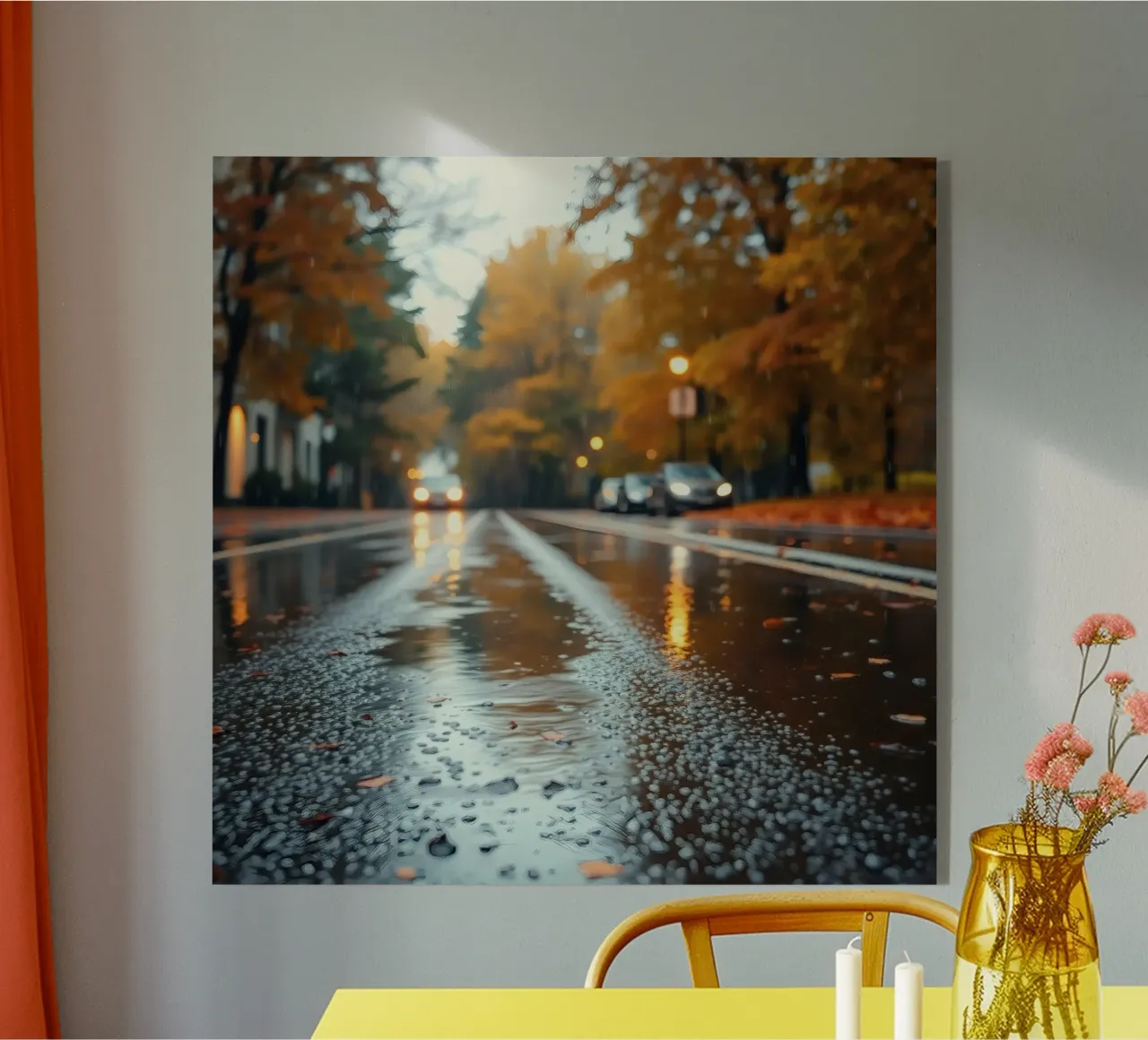 Vue d'une rue en automne avec la pluie reflétant le feuillage coloré plexiglas de DesignDoodle