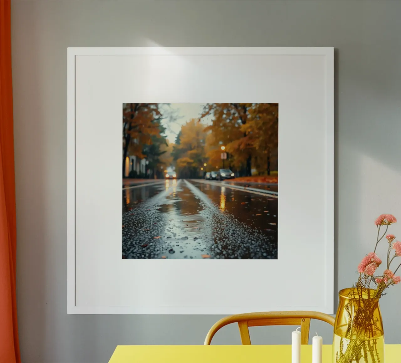 Vista della strada in autunno con la pioggia che riflette il fogliame colorato carta hahnemühle da DesignDoodle