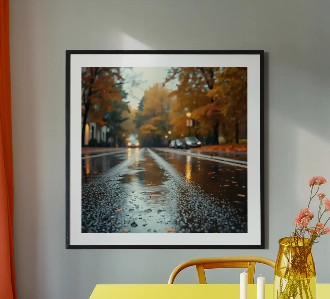 Vista della strada in autunno con la pioggia che riflette il fogliame colorato carta hahnemühle da DesignDoodle
