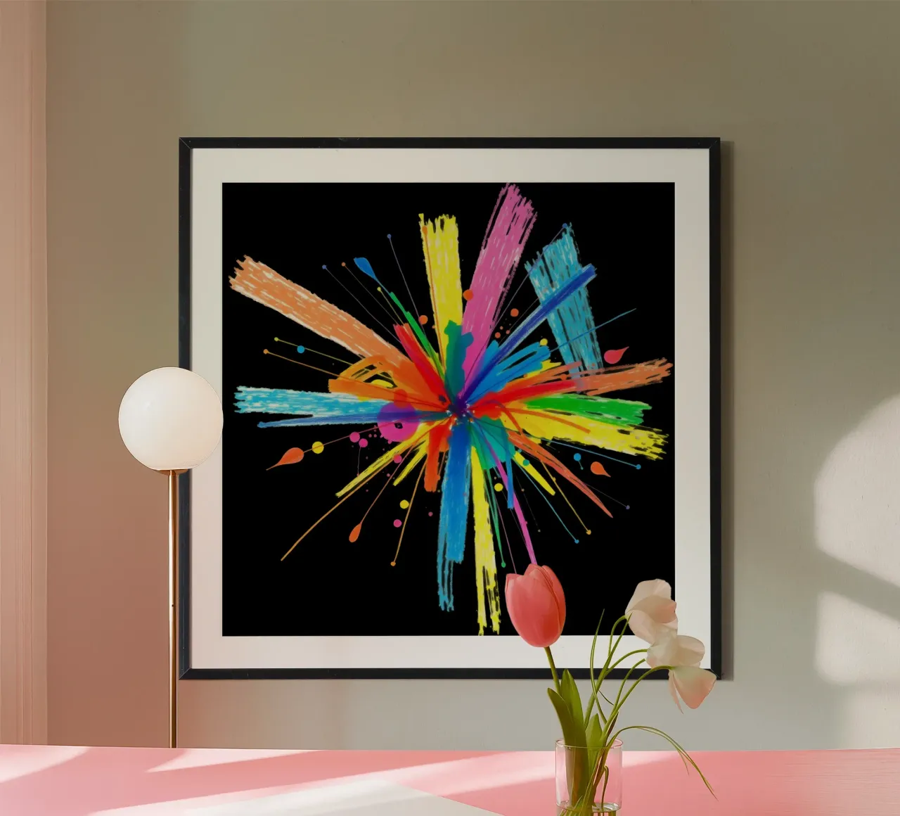 Bunte Explosion von Farbspritzern abstraktes Design Poster mit Kunststoffrahmen von DesignDoodle