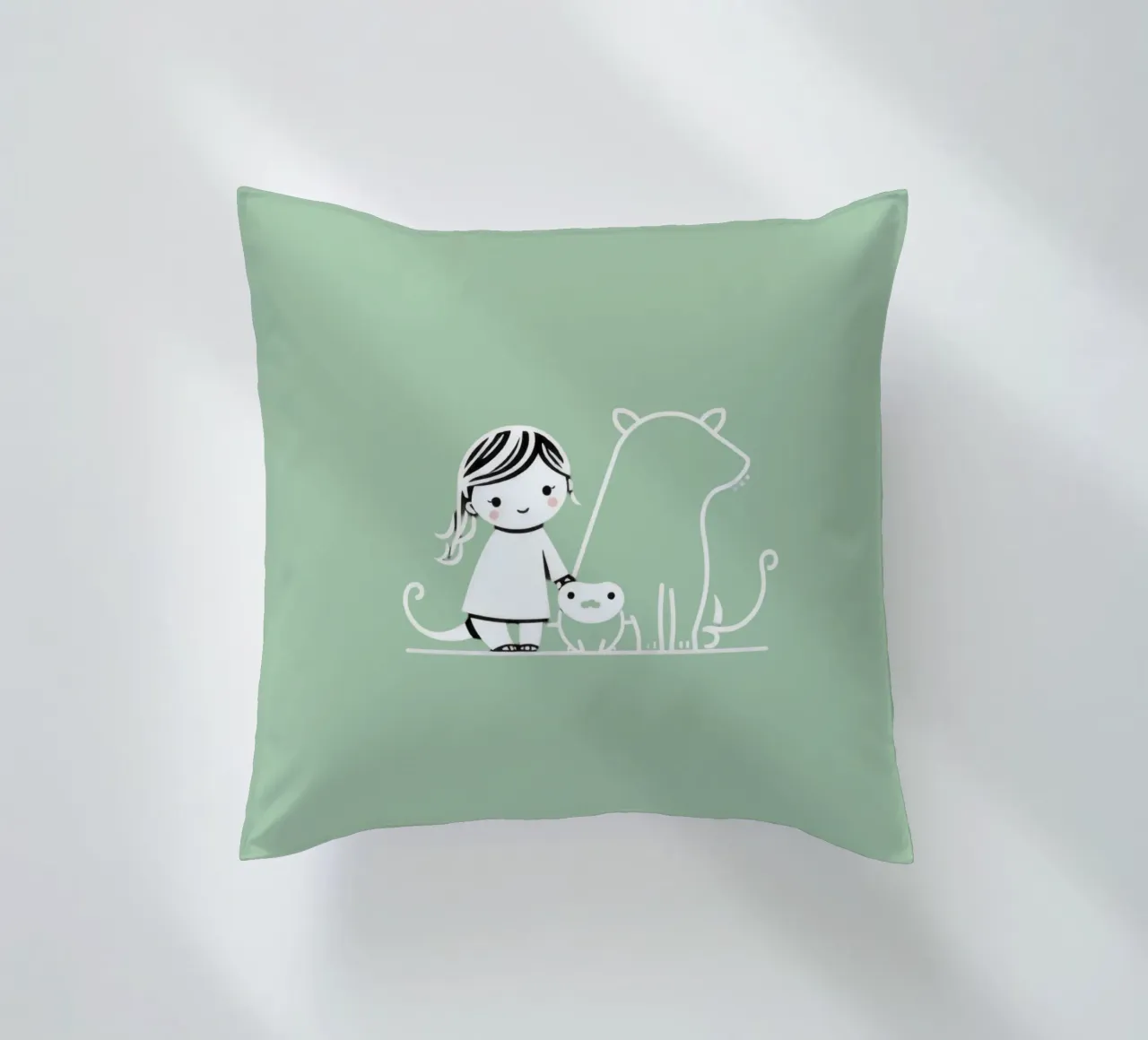 Ragazza con i suoi animali domestici, un cane e un gatto, che si godono il tempo cuscino da DesignDoodle