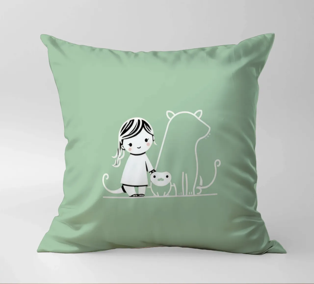 Ragazza con i suoi animali domestici, un cane e un gatto, che si godono il tempo cuscino da DesignDoodle