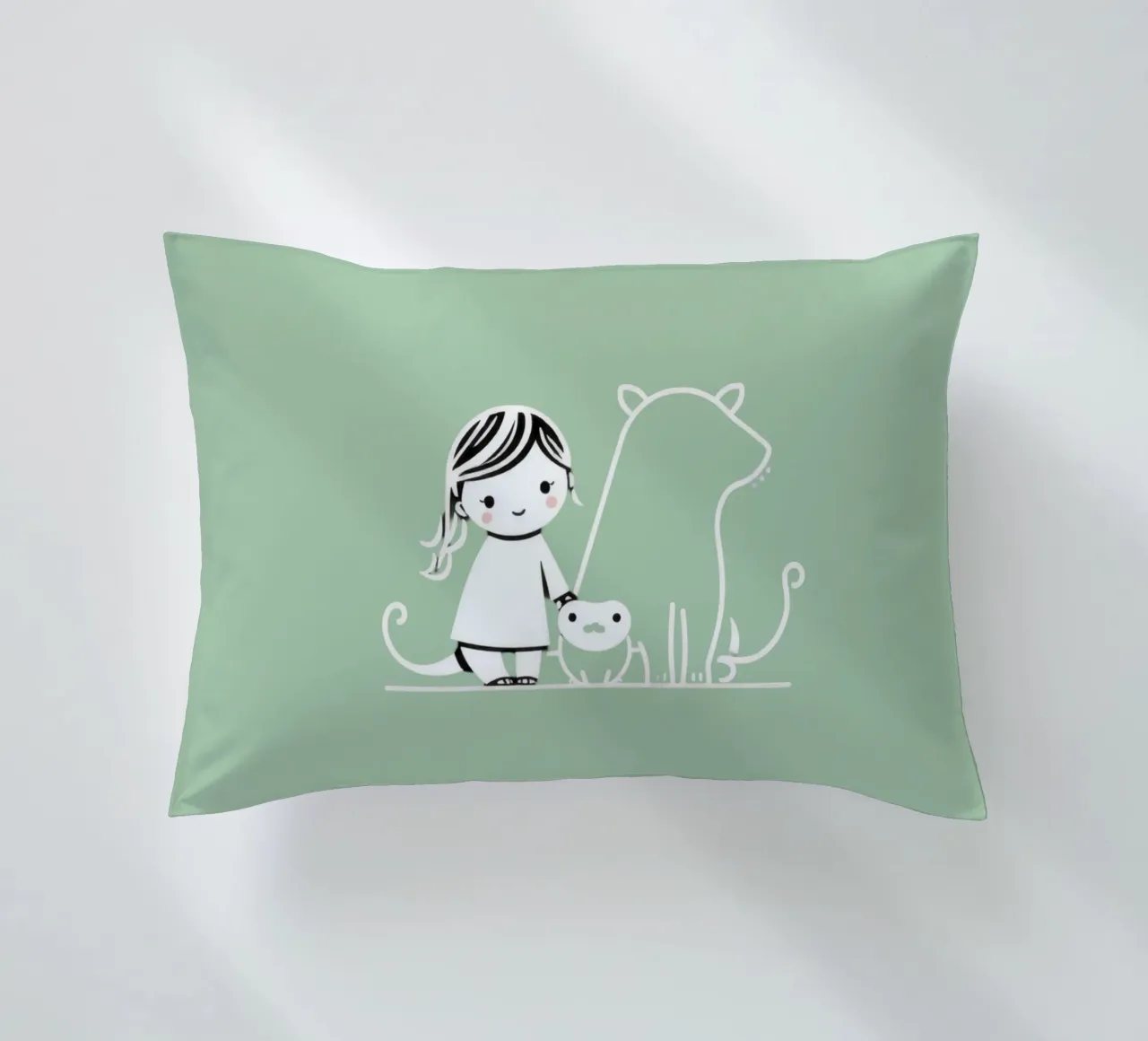 Ragazza con i suoi animali domestici, un cane e un gatto, che si godono il tempo cuscino da DesignDoodle