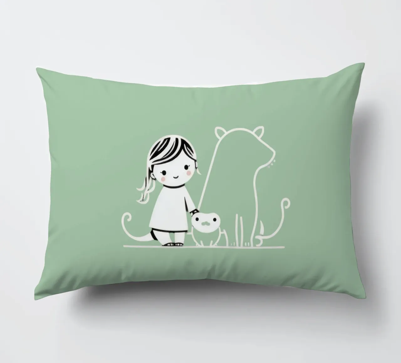 Ragazza con i suoi animali domestici, un cane e un gatto, che si godono il tempo cuscino da DesignDoodle