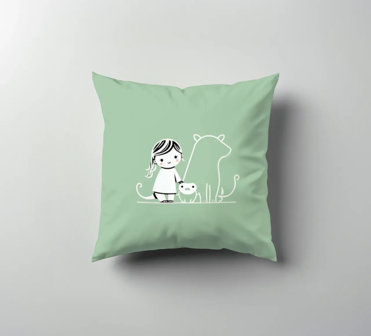 Ragazza con i suoi animali domestici, un cane e un gatto, che si godono il tempo cuscino da DesignDoodle
