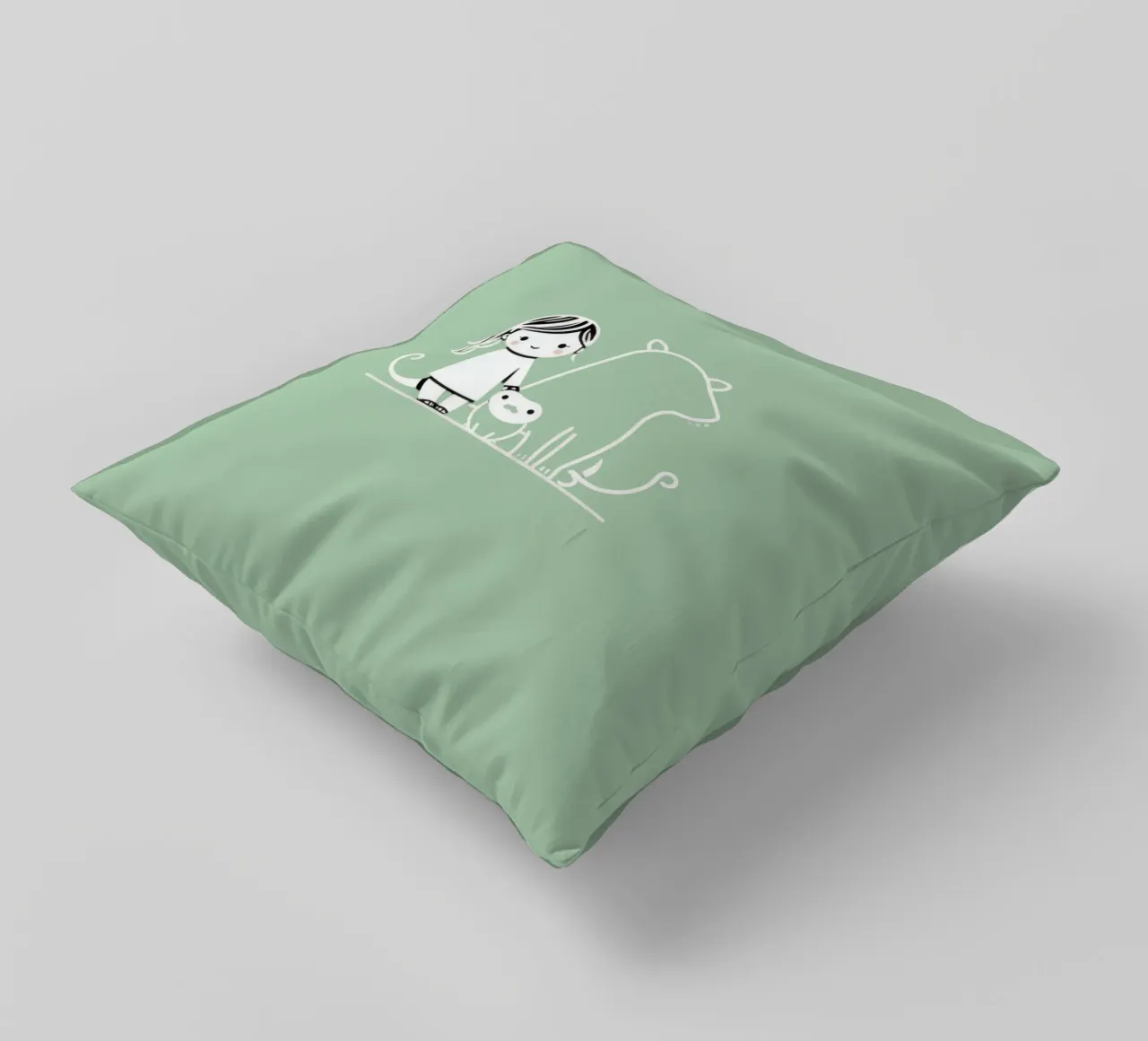 Ragazza con i suoi animali domestici, un cane e un gatto, che si godono il tempo cuscino da DesignDoodle