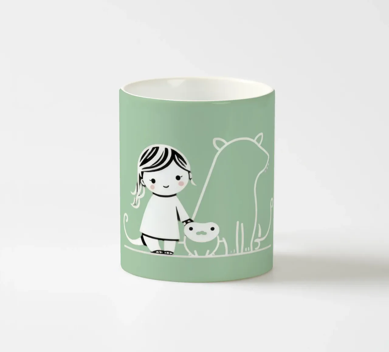 Ragazza con i suoi animali domestici, un cane e un gatto, che si godono il tempo tazza in ceramica da DesignDoodle