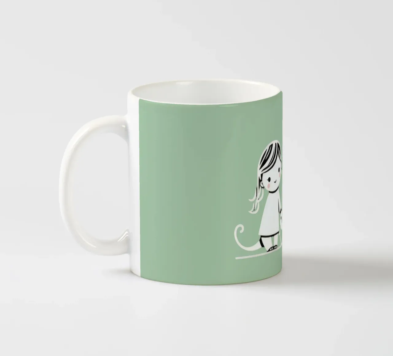 Ragazza con i suoi animali domestici, un cane e un gatto, che si godono il tempo tazza in ceramica da DesignDoodle